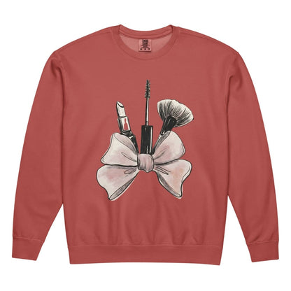 Red sweatshirt with makeup and bow design on a white background