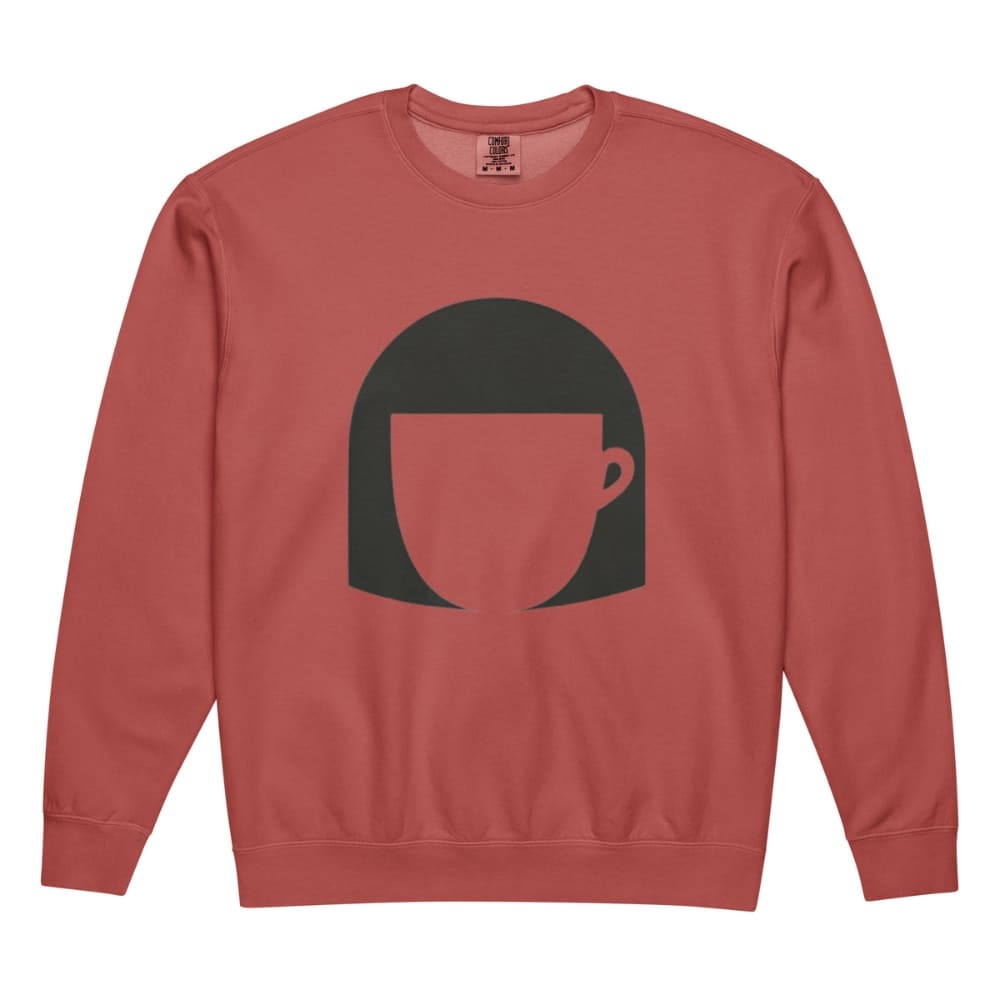Red sweatshirt with a black graphic of a face on a white background