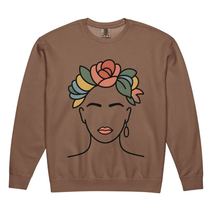Brown sweatshirt with a colorful floral design on a white background