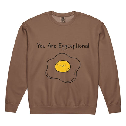 Brown sweatshirt with a smiley face egg graphic and text 'You Are Eggceptional' on a white background