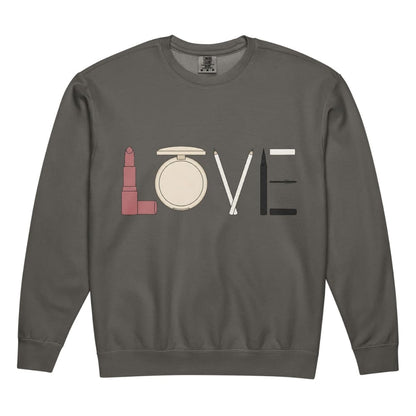 Gray sweatshirt with 'LOVE' design featuring lipstick, perfume bottle, and nail polish on a white background