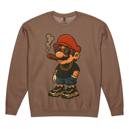 Brown sweatshirt with a cartoon character wearing sunglasses and a red hat on a white background