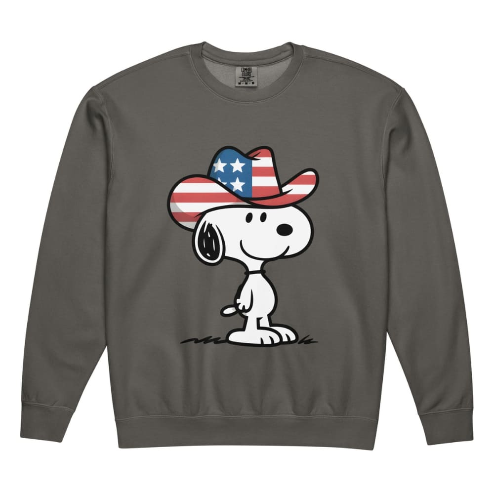 Gray sweatshirt with a cartoon dog wearing an American flag cowboy hat on a white background