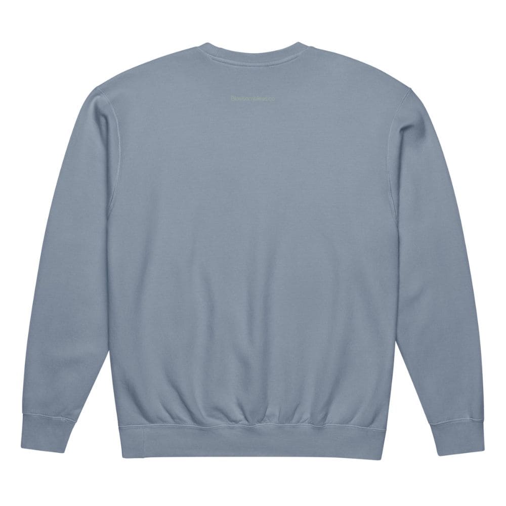 Blue sweatshirt with a brand logo on the back against a white background
