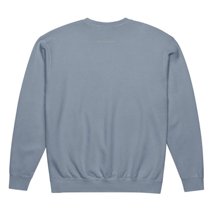 Blue sweatshirt with a brand logo on the back against a white background