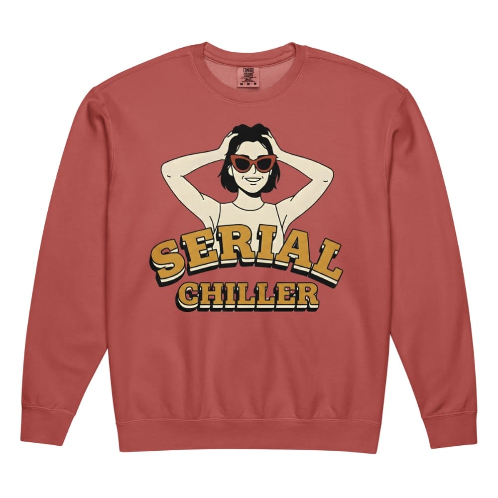 Red sweatshirt with graphic design and 'Serial Chiller' text on a white background