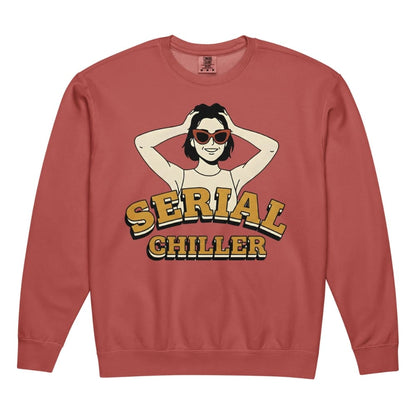Red sweatshirt with graphic design and 'Serial Chiller' text on a white background