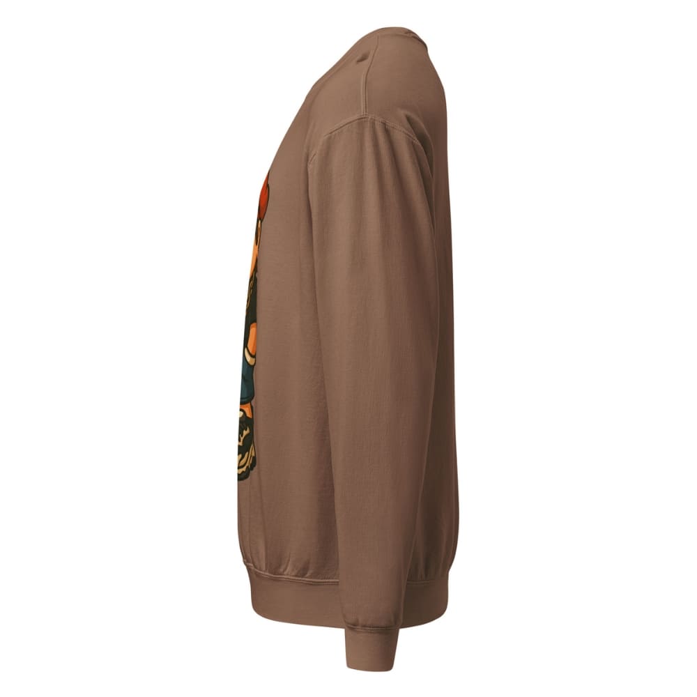 Brown jacket with a logo on the sleeve against a white background