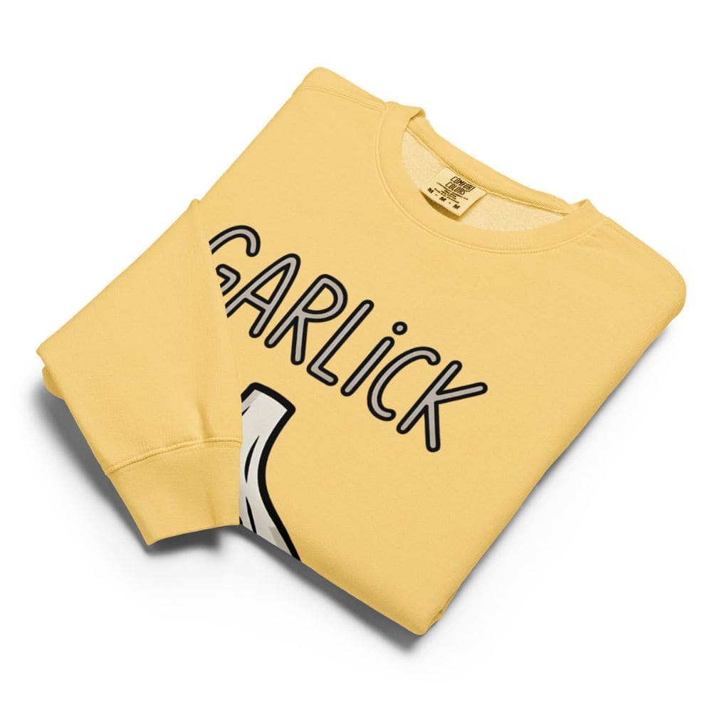 Yellow sweatshirt with 'Garlick' text on a white background