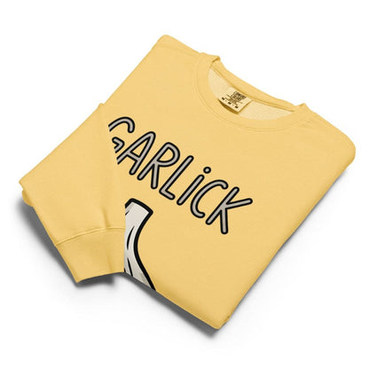Yellow sweatshirt with 'Garlick' text on a white background