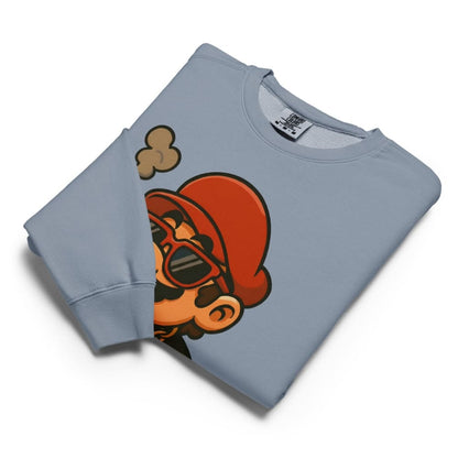 Folded light blue sweatshirt with a graphic design on a white background