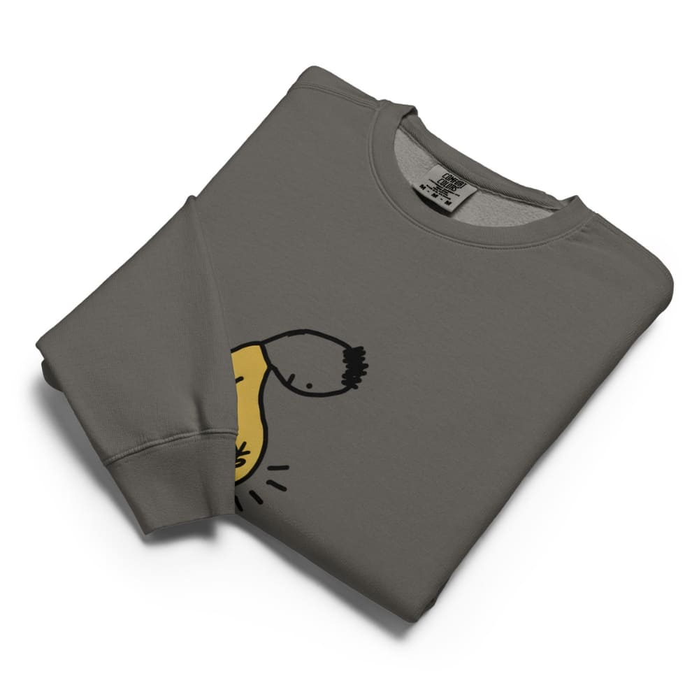Folded gray sweatshirt with a yellow and black graphic on a white background