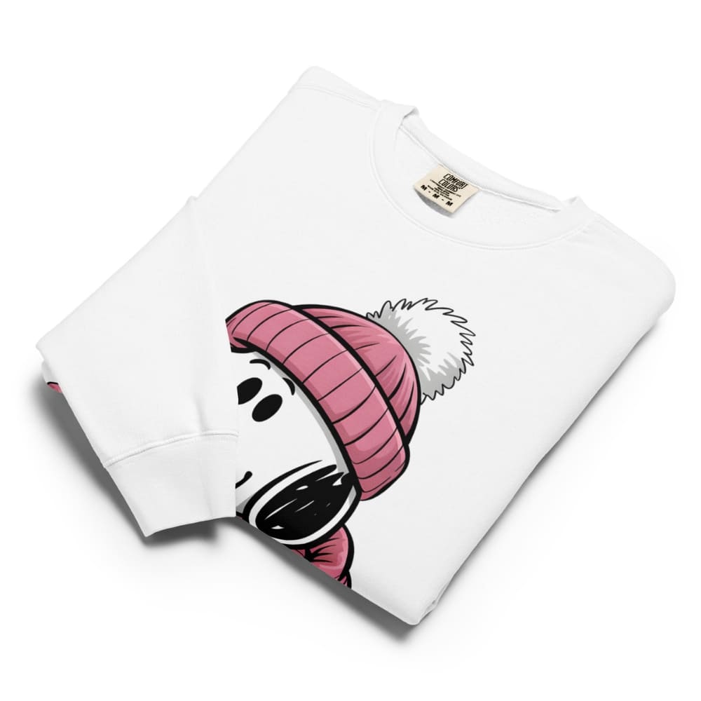 White sweatshirt with cartoon character design on a white background