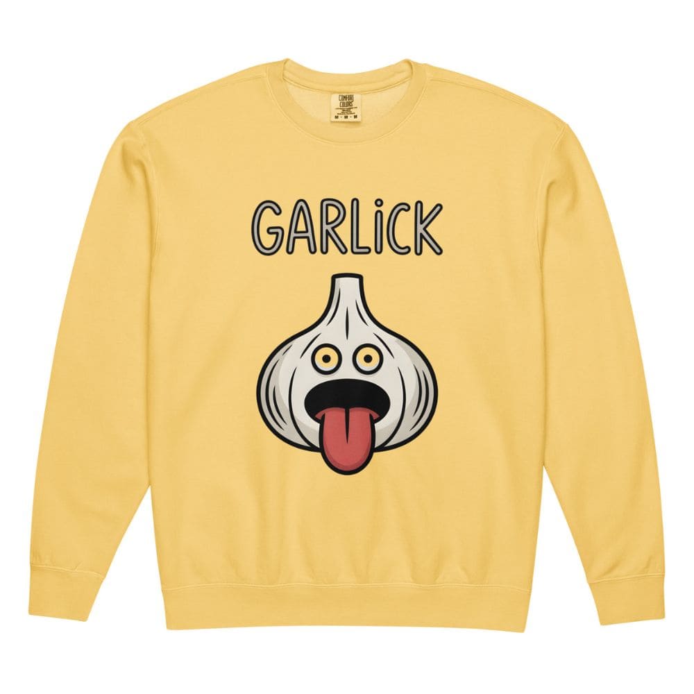 Yellow sweatshirt with a cartoon garlic character and 'GARLICK' text on a white background