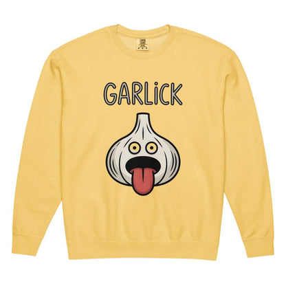 Yellow sweatshirt with a cartoon garlic character and 'GARLICK' text on a white background