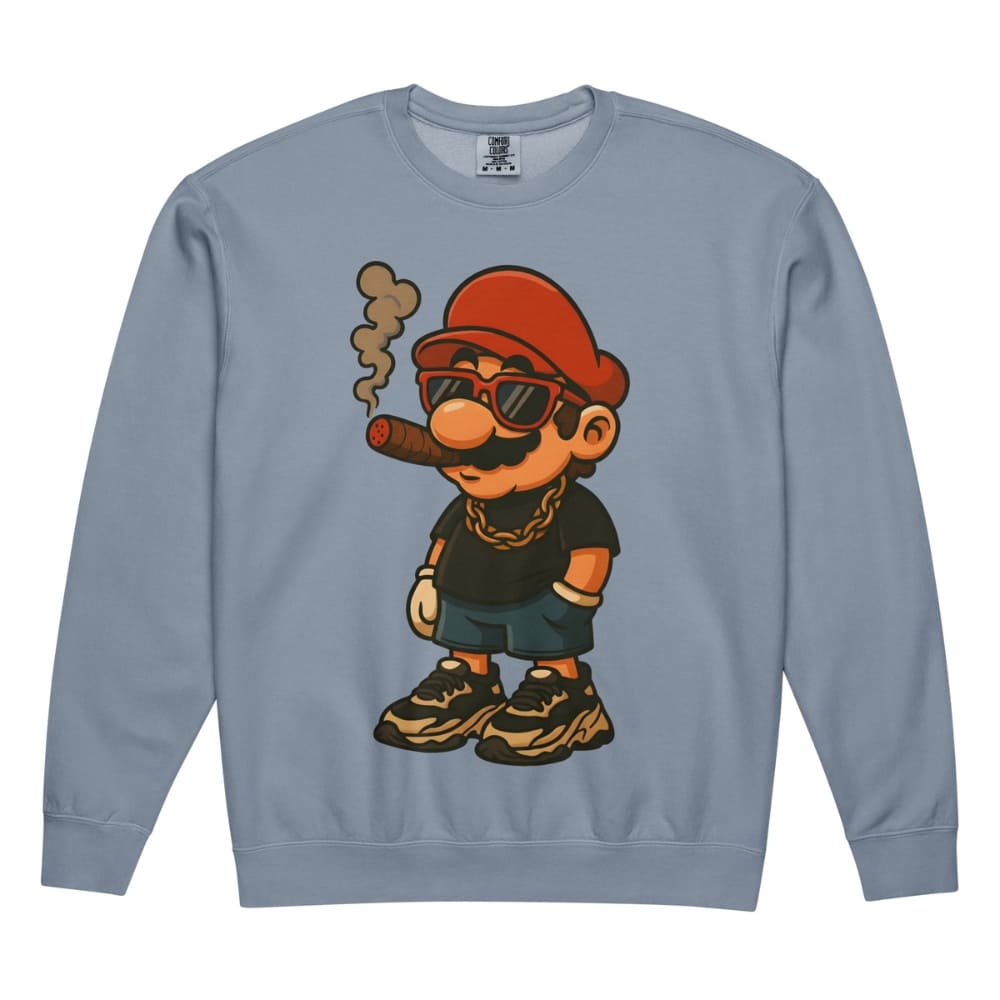 Gray sweatshirt with a cartoon character smoking a cigar on a white background