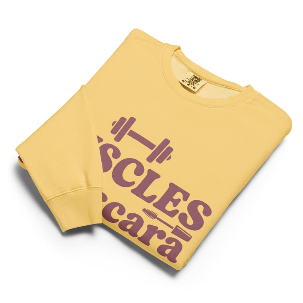 Yellow sweatshirt with purple text on a white background