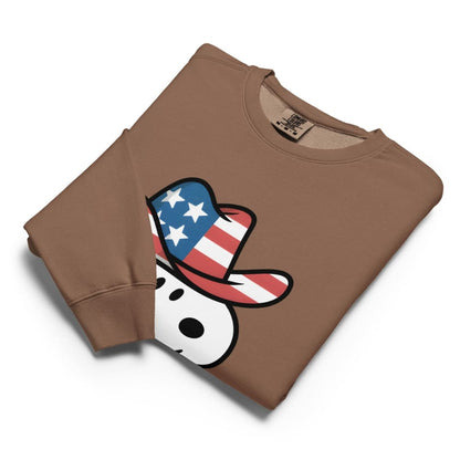Brown sweatshirt with a graphic of a dog wearing an American flag hat on a white background