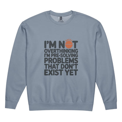 Blue sweatshirt with humorous text design on a white background