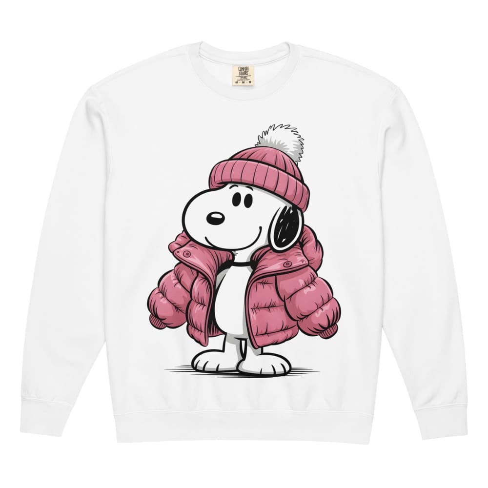 White sweatshirt with a cartoon character wearing a pink coat and hat on a white background