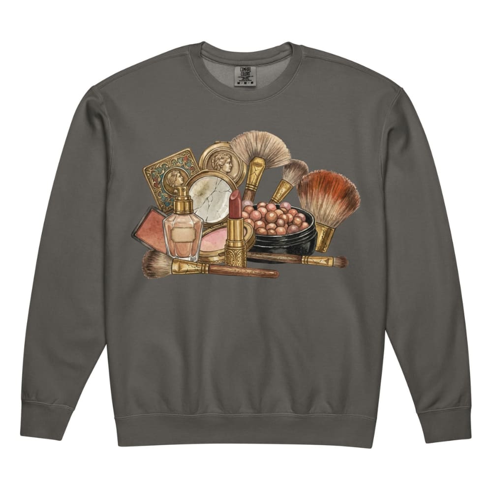 Gray sweatshirt with vintage makeup brush and product illustration on a white background