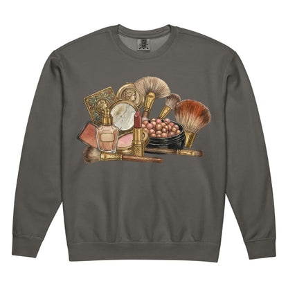 Gray sweatshirt with vintage makeup brush and product illustration on a white background