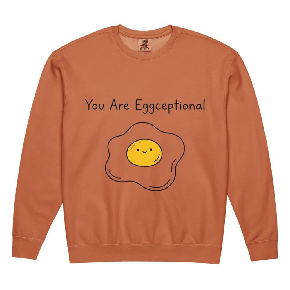 Orange sweatshirt with a smiley face egg graphic and text 'You Are Eggceptional' on a white background