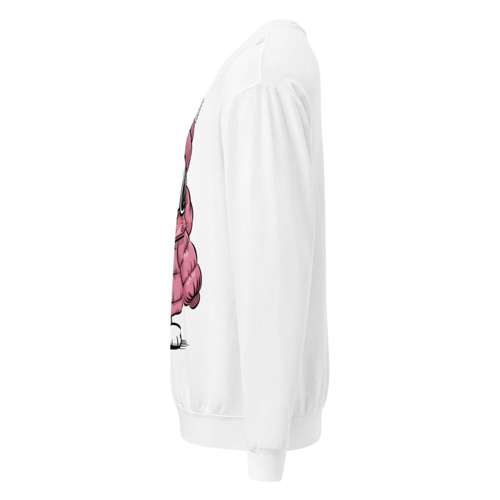 White sweatshirt with pink floral design on sleeve against a white background