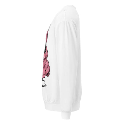 White sweatshirt with pink floral design on sleeve against a white background