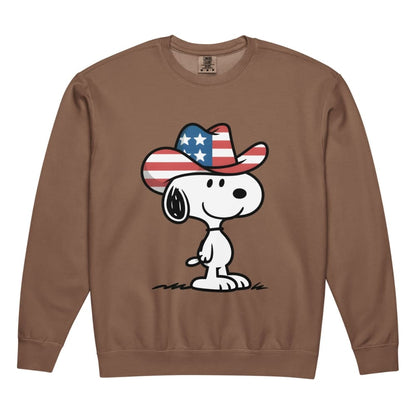 Brown sweatshirt with a cartoon dog wearing an American flag cowboy hat on a white background