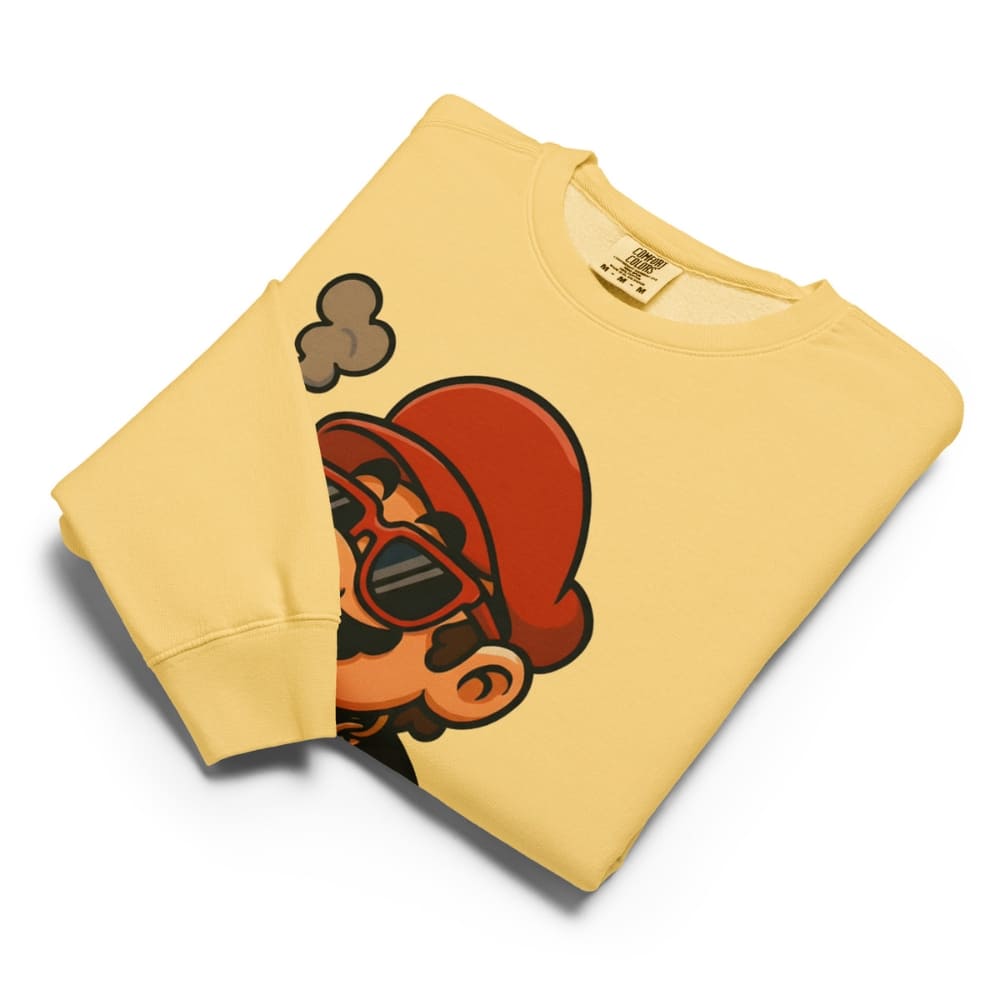 Yellow sweatshirt with a graphic design on a white background