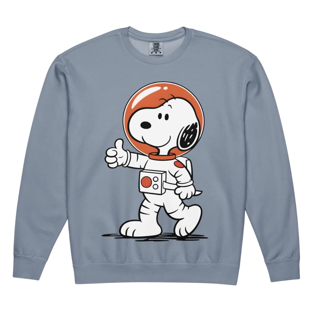 Blue sweatshirt with an astronaut Snoopy graphic on a white background