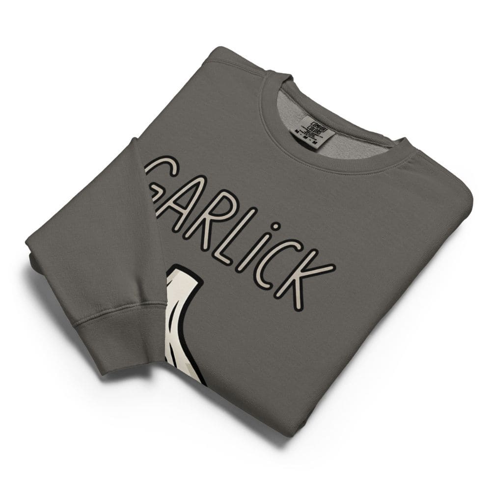 Folded gray sweatshirt with 'GARLICK' text on a white background