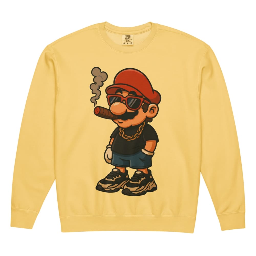 Yellow sweatshirt with a cartoon character wearing sunglasses and a red hat on a white background