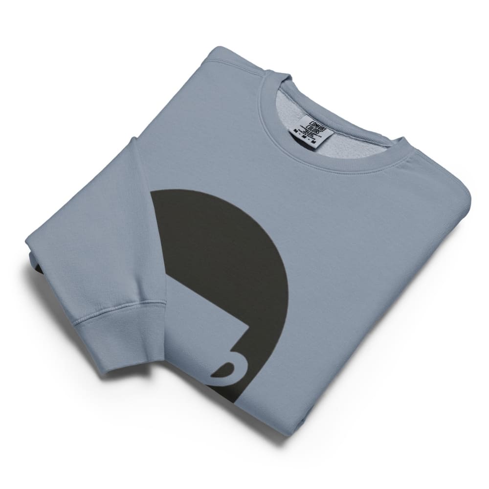 Folded light blue sweatshirt with black graphic on a white background