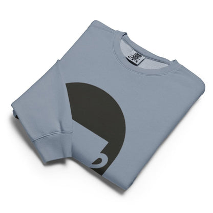 Folded light blue sweatshirt with black graphic on a white background