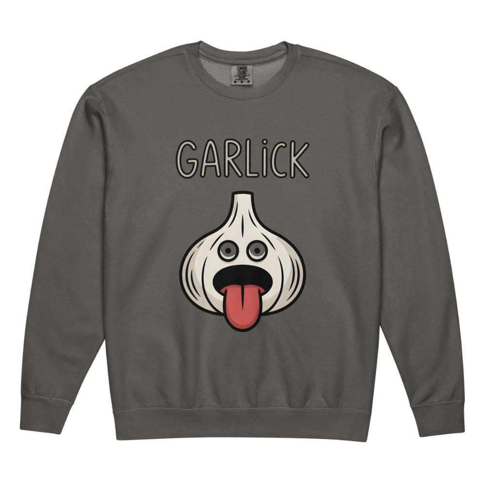 Gray sweatshirt with a cartoon garlic bulb design and 'GARLICK' text on a white background
