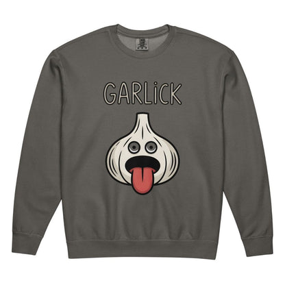 Gray sweatshirt with a cartoon garlic bulb design and 'GARLICK' text on a white background