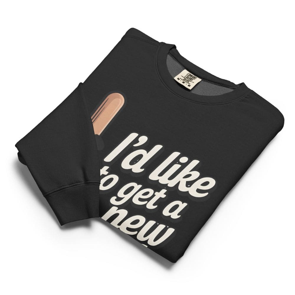 Black sweatshirt with text and a graphic on a white background