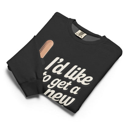 Black sweatshirt with text and a graphic on a white background