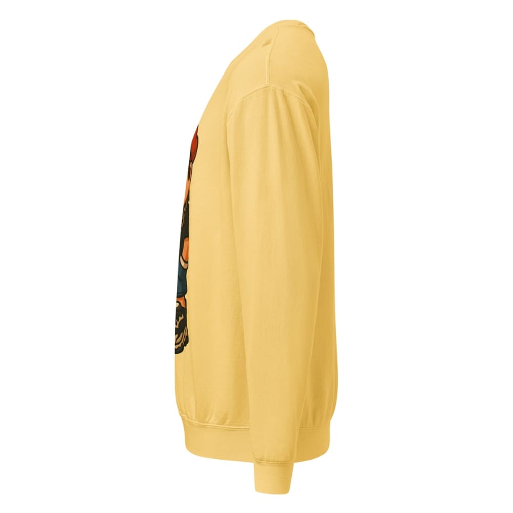 Yellow sweatshirt with a colorful graphic on the sleeve against a white background