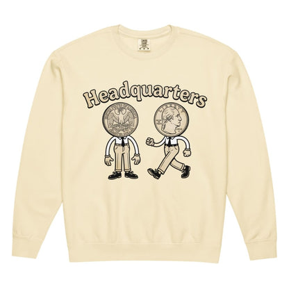 Ivory sweatshirt with cartoon characters and 'Headquarters' text on a white background