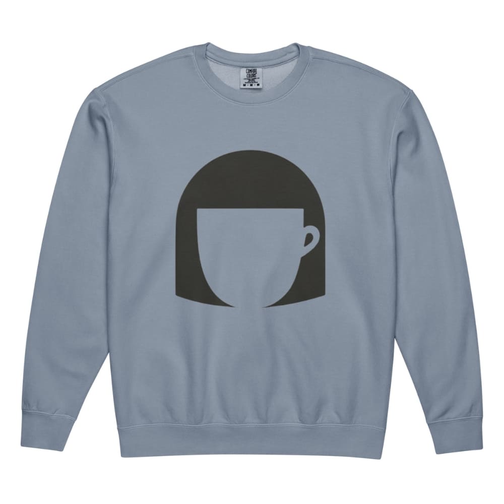 Blue sweatshirt with a black graphic of a face with a bowl haircut on a white background