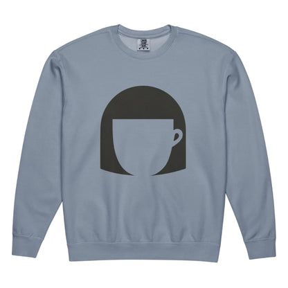 Blue sweatshirt with a black graphic of a face with a bowl haircut on a white background