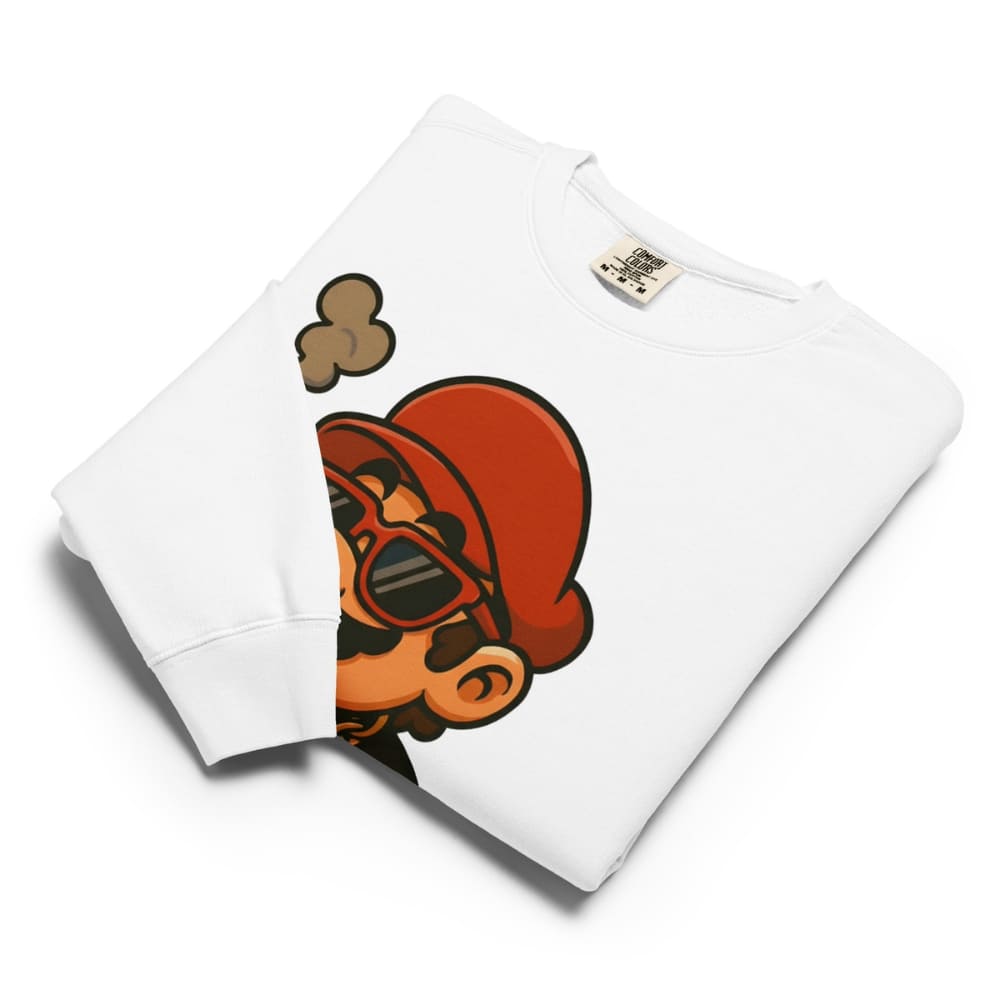 White sweatshirt with a cartoon character design on a white background