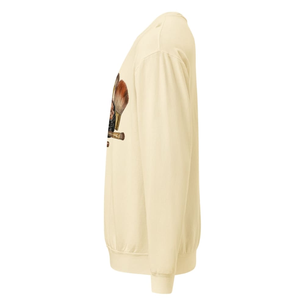 Ivory sweatshirt with a graphic design on the sleeve against a white background