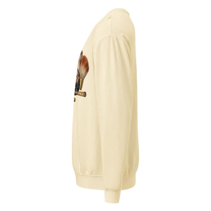 Ivory sweatshirt with a graphic design on the sleeve against a white background