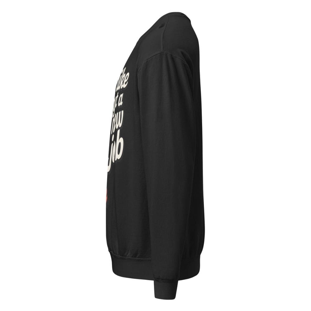 Black sweatshirt with a logo on the sleeve against a white background