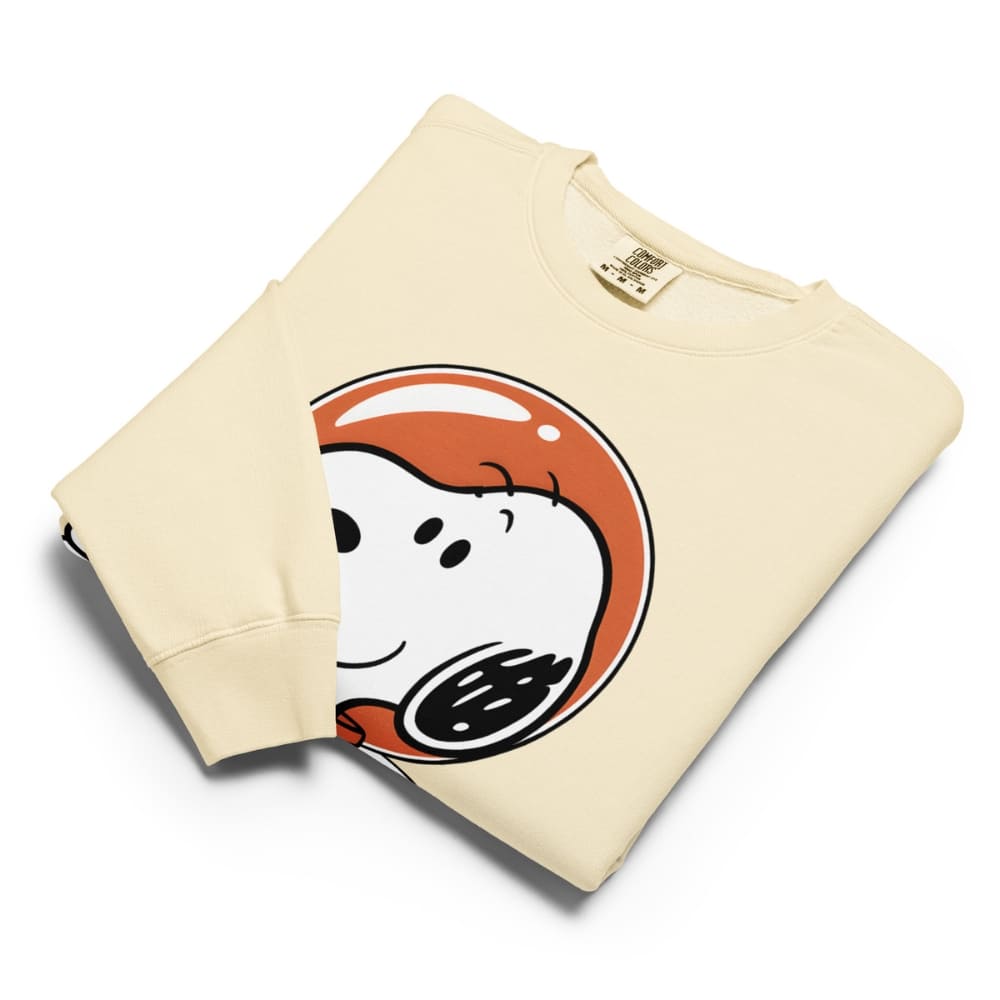 Beige sweatshirt with a cartoon character design on a white background