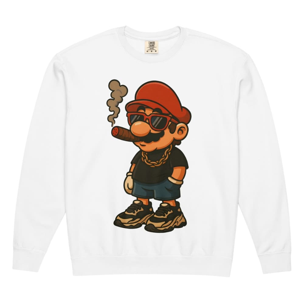 White long-sleeve shirt with a cartoon character smoking a cigar on a white background